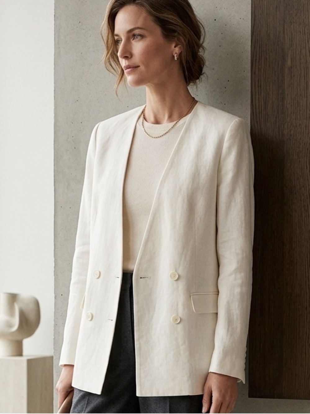 J Crew Size 12 Women’s Ivory Double Breasted Blazer Stretch 100% Linen